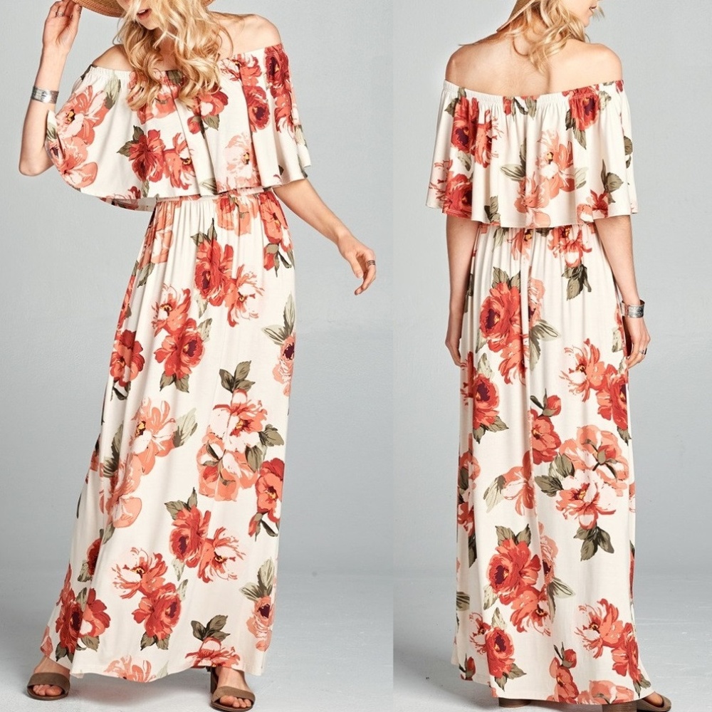 Floral Flounce Layered Off Shoulder Maxi Dress